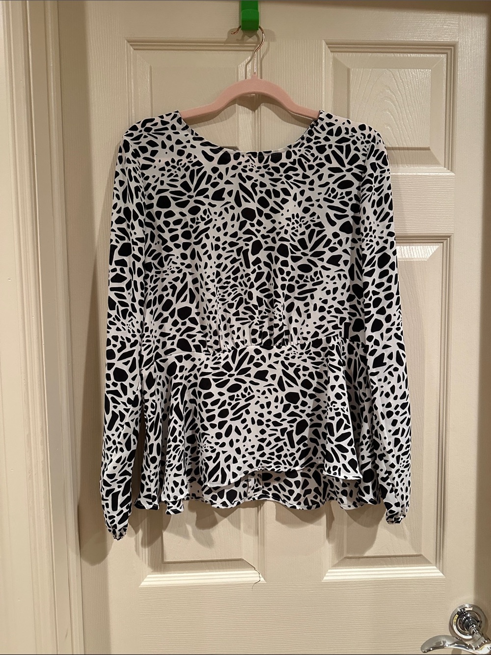 LOFT Black and White Abstract Peplum Long-Sleeve Blouse